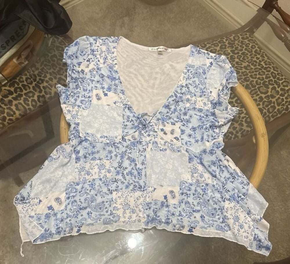 Madden Girl Blue Floral Patchwork Mesh Babydoll Top XL